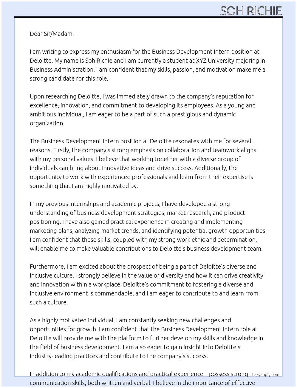 Business Development Intern At Deloitte Cover Letter