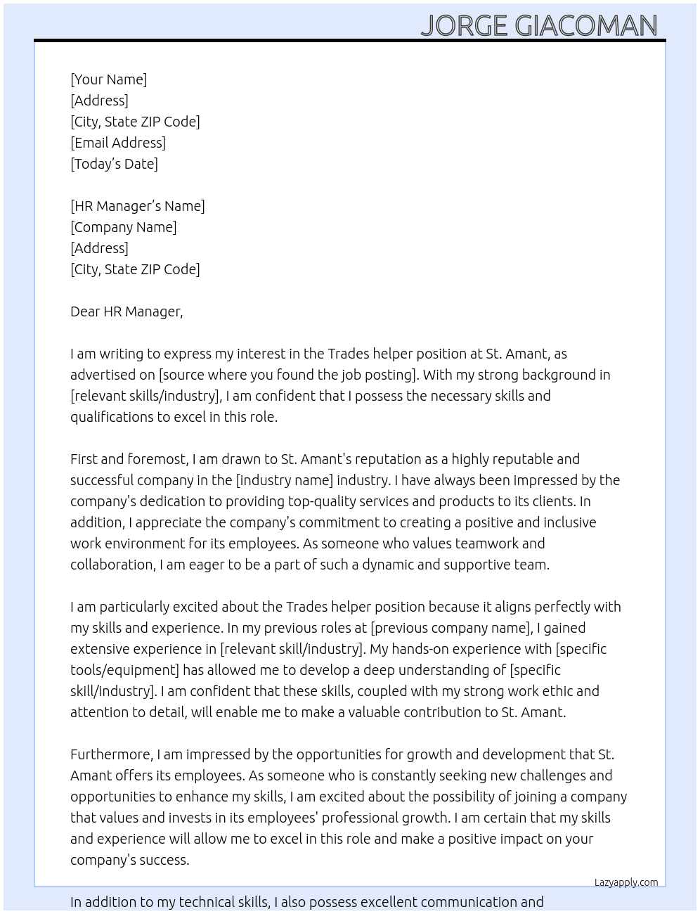 Trades helper At St. Amant Cover Letter
