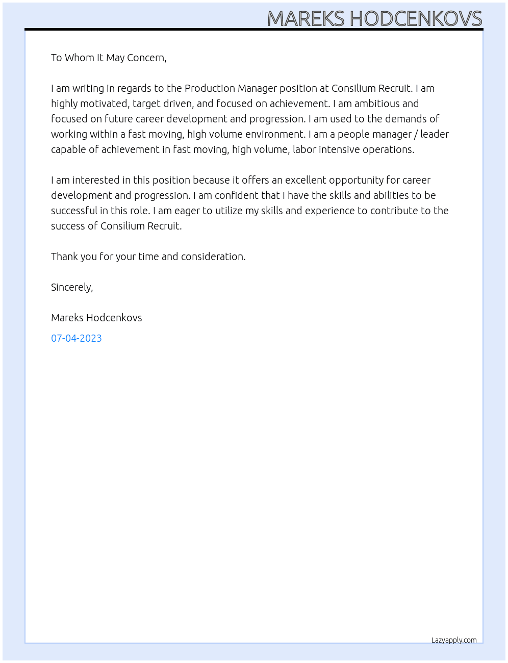 Production Manager At Consilium Recruit Cover Letter