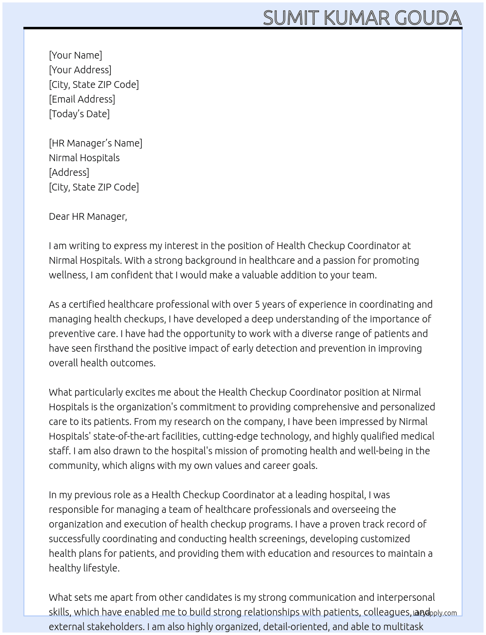 Health checkup coordinator At NIRMAL HOSPITALS Cover Letter