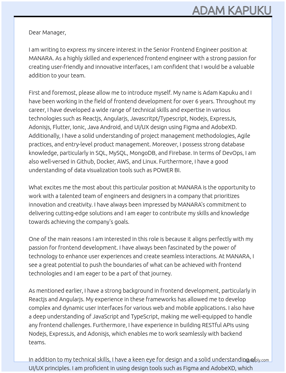 Senior Frontend Engineer At MANARA Cover Letter