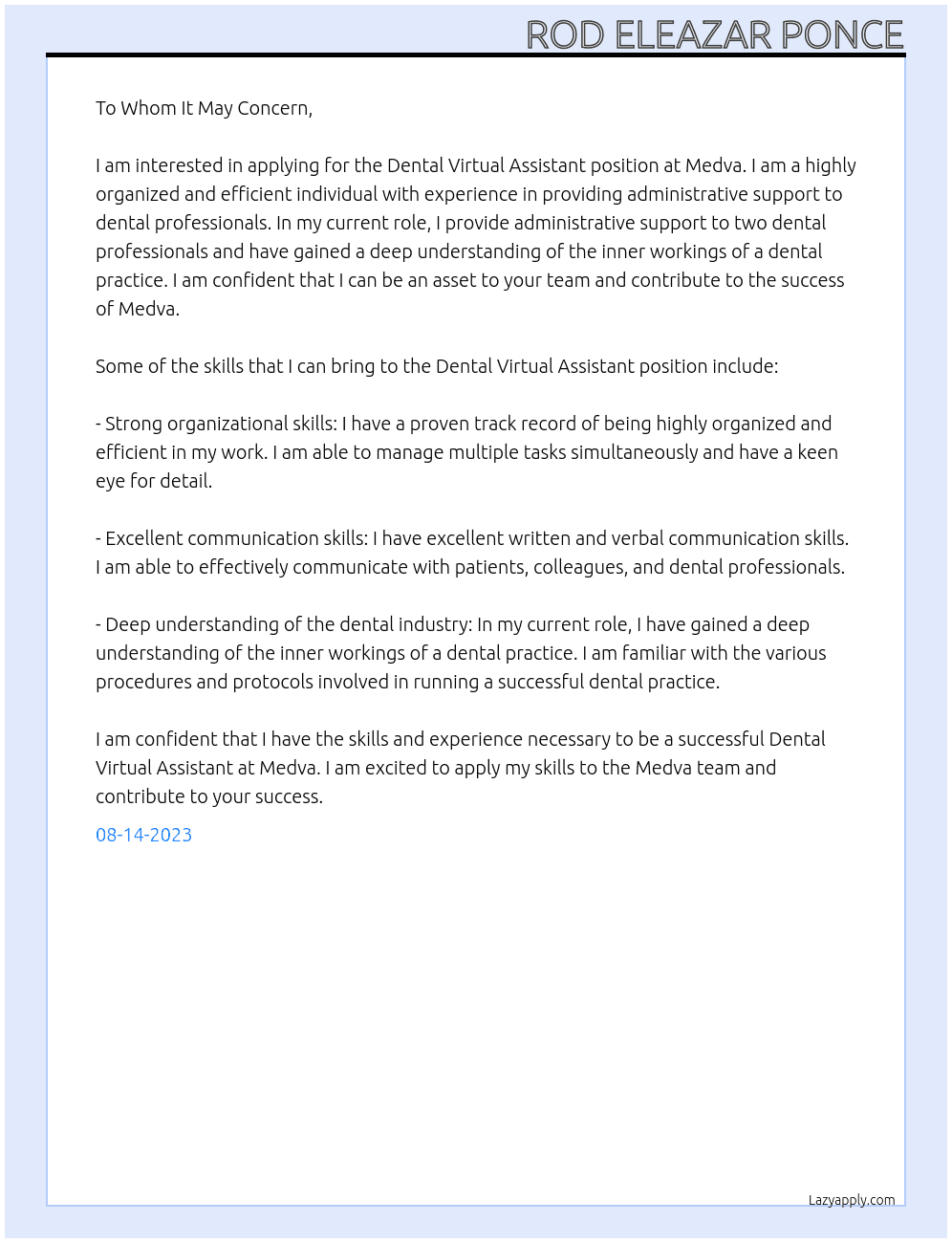Dental Virtual Assistant At Medva Cover Letter