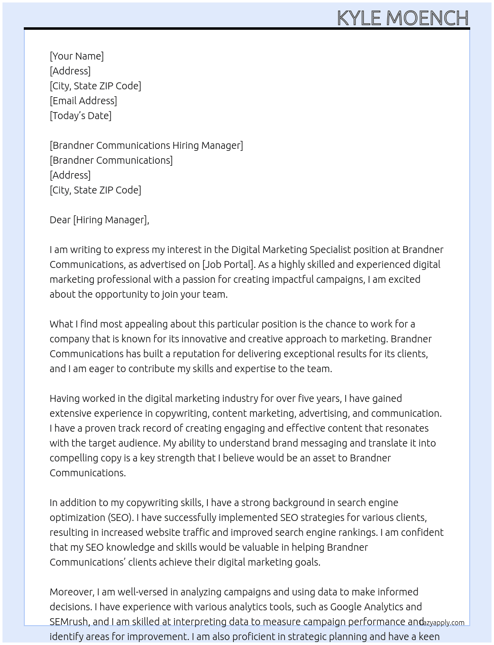 Digital Marketing Specialists At Brandner Communications Cover Letter