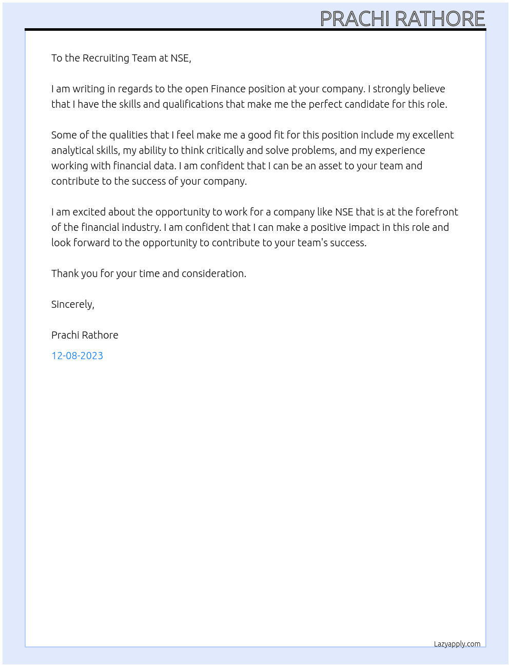 Finance At NSE Cover Letter