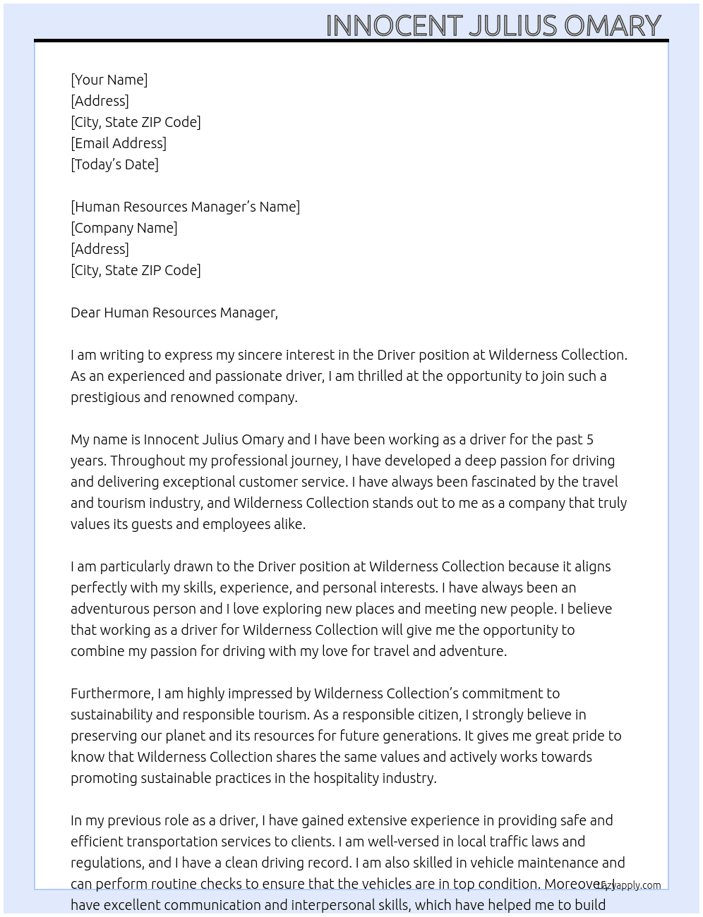 Driver At Wilderness Collection  Cover Letter