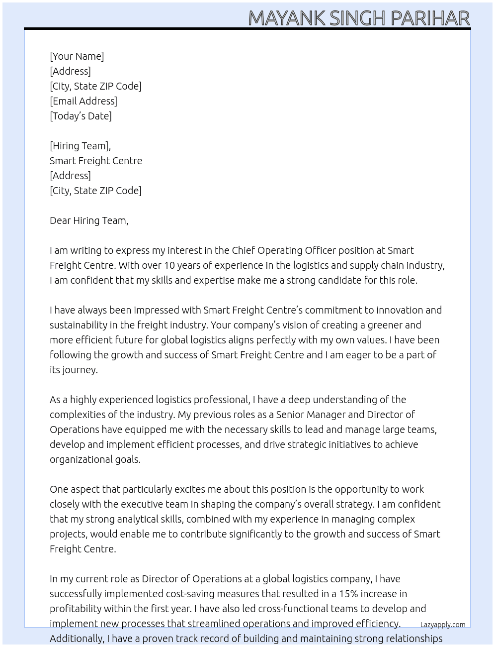 Chief Operating Officer At  Smart Freight Centre Cover Letter