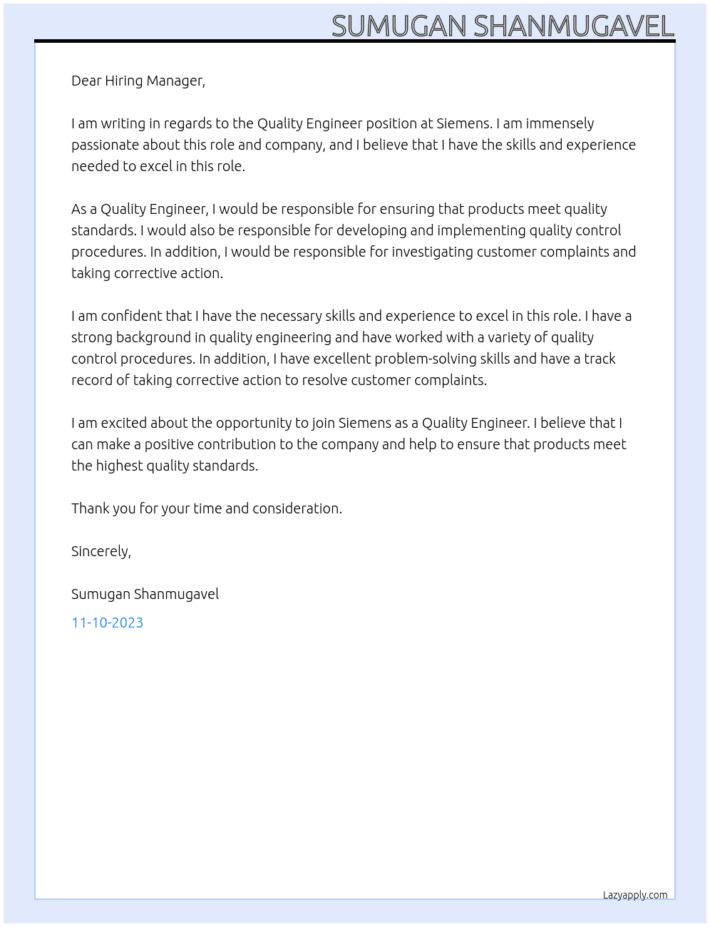 Quality engineer At Siemens Cover Letter