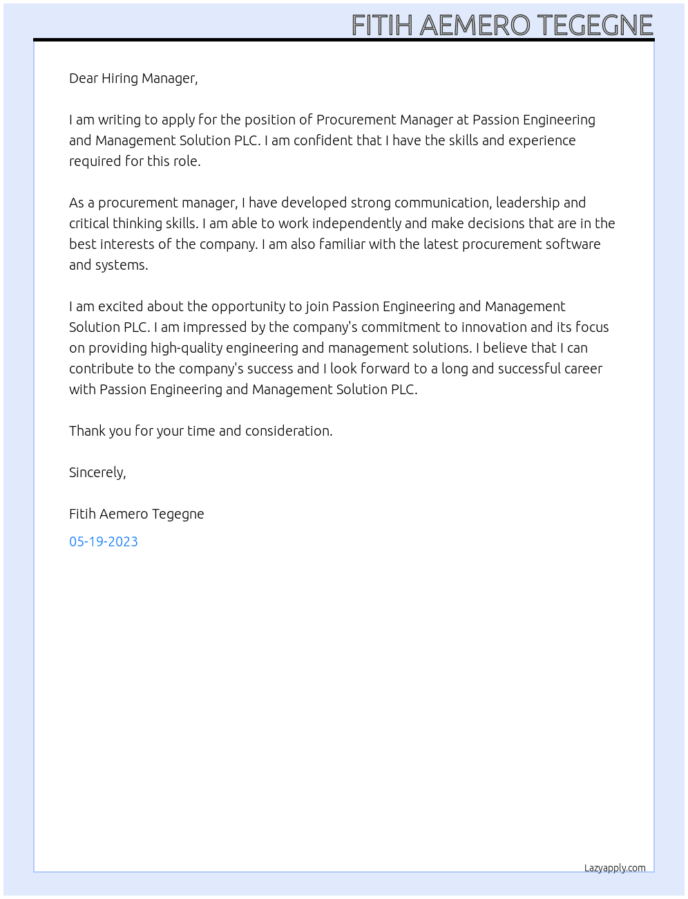 Procurement Manager At Passion Engineering and Management Solution PLC Cover Letter