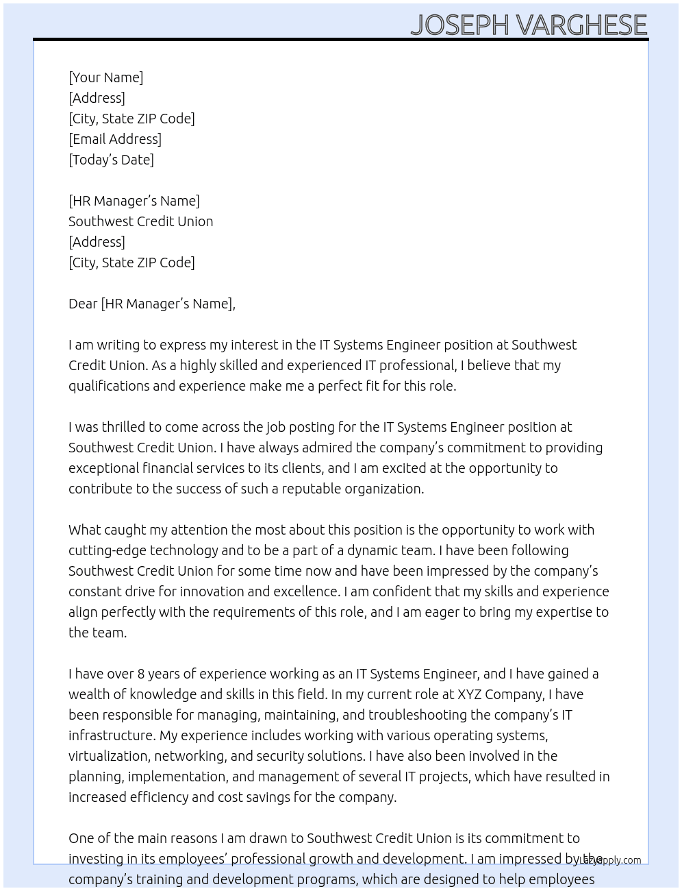 IT Systems Engineer At Southwest Credit Union Cover Letter