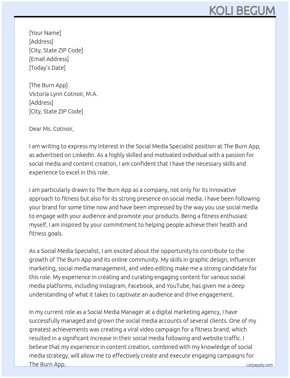 Social Media Specialist At Linkedin Cover Letter