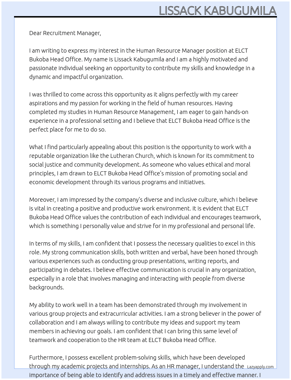 Human resource manager At ELCT Bukoba heard office(lutheran church organisation) Cover Letter