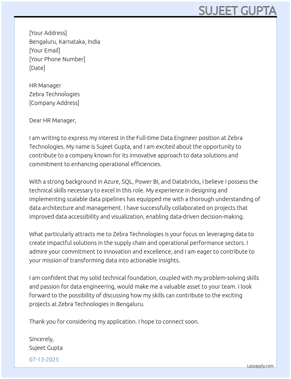Data Engineer At Zebra Technology Cover Letter
