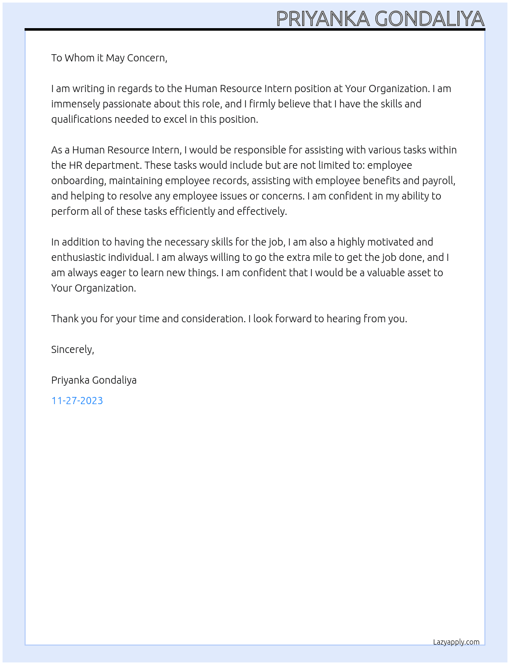 Human Resource Intern  At Your Organization  Cover Letter