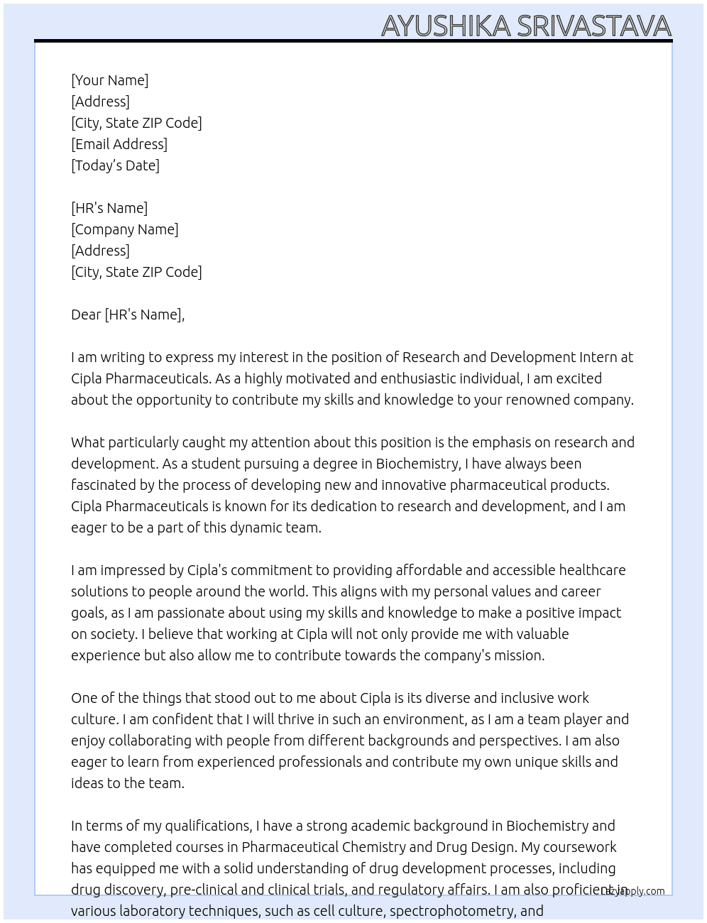 Research and development intern At cipla pharmaceuticals Cover Letter