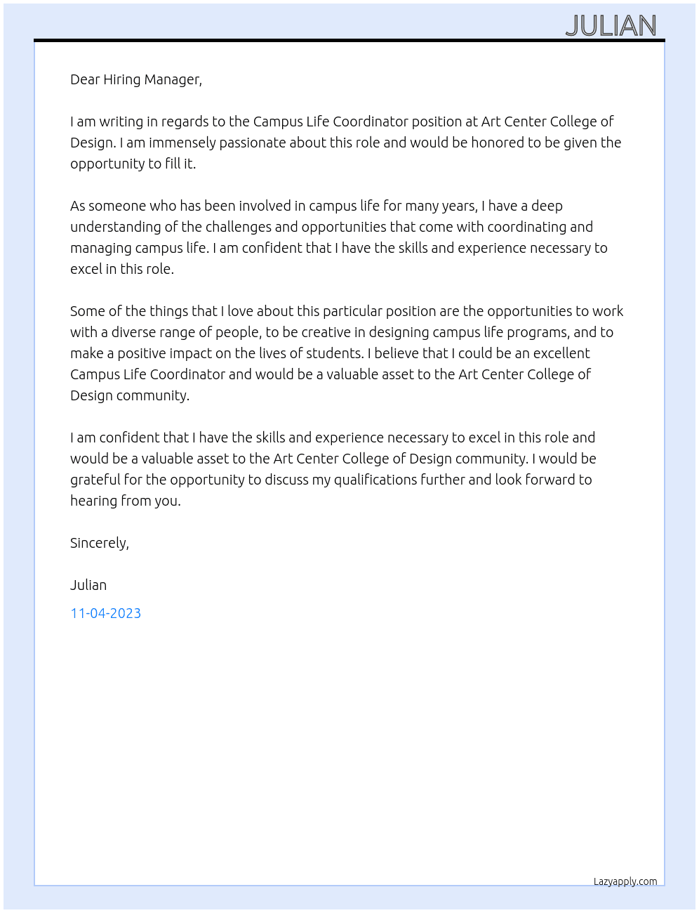 Campus Life Coordinator At Art Center College of Design Cover Letter