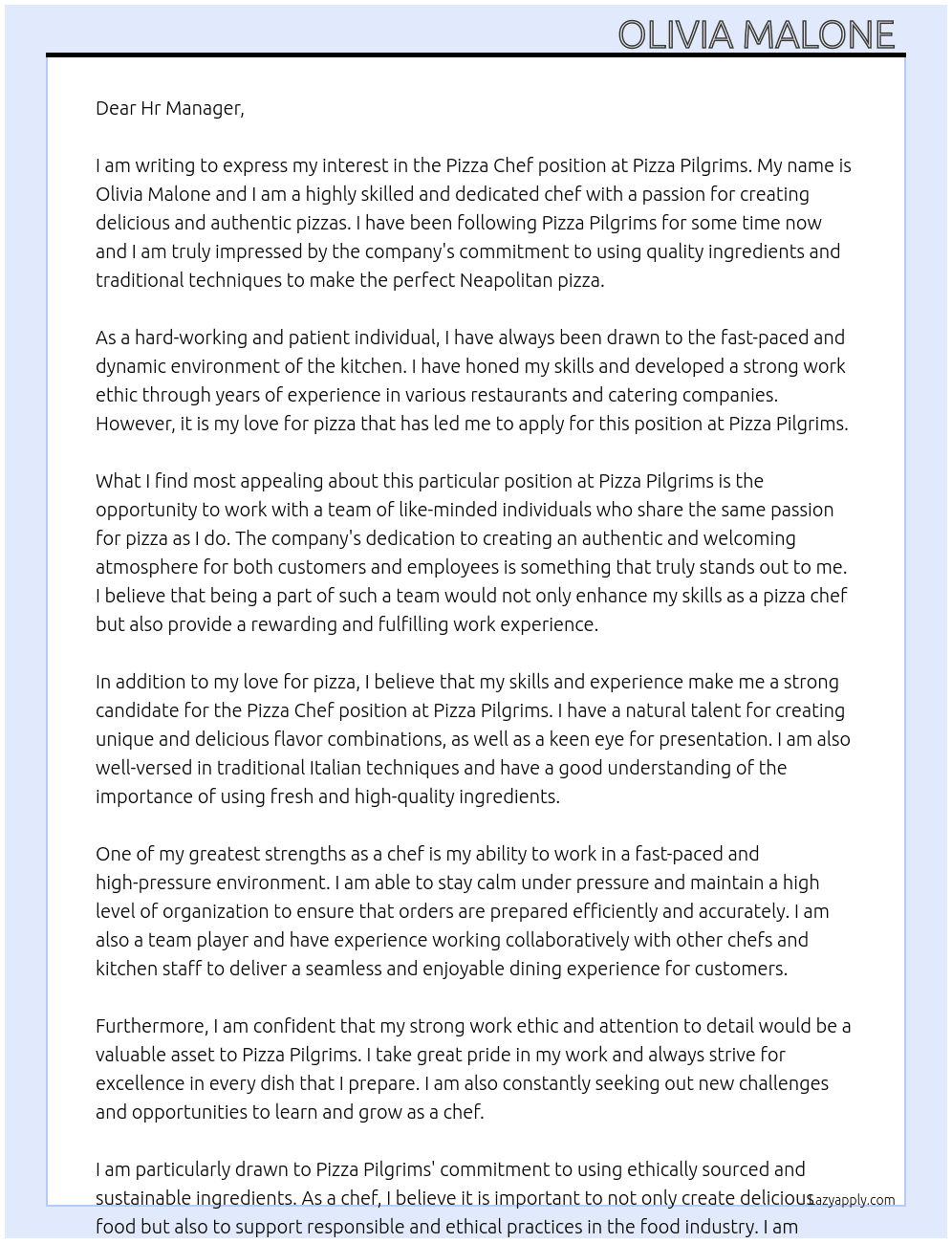 Pizza Chef  At Pizza Pilgrims Cover Letter