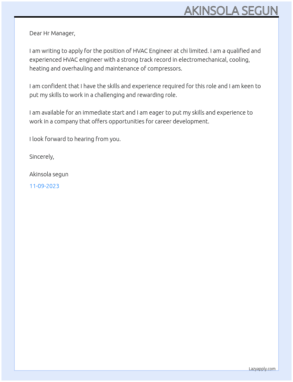 HVAC ENGINEER At chi limited Cover Letter