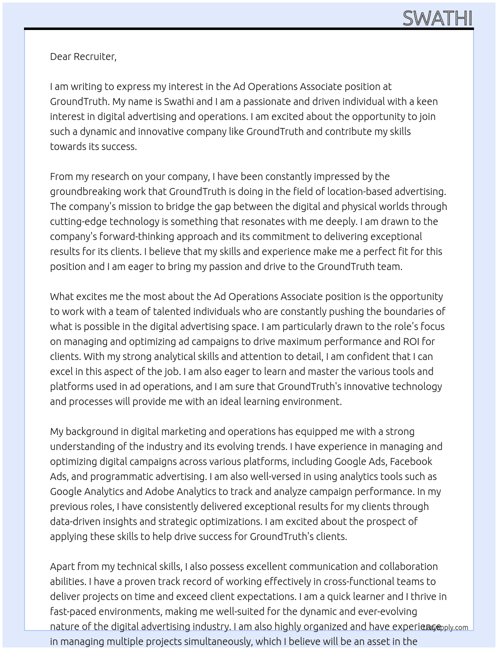 Ad Operations Associate At GroundTruth Cover Letter
