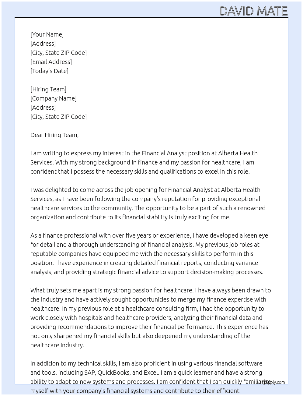 Financial Analyst At Alberta Health Services Cover Letter