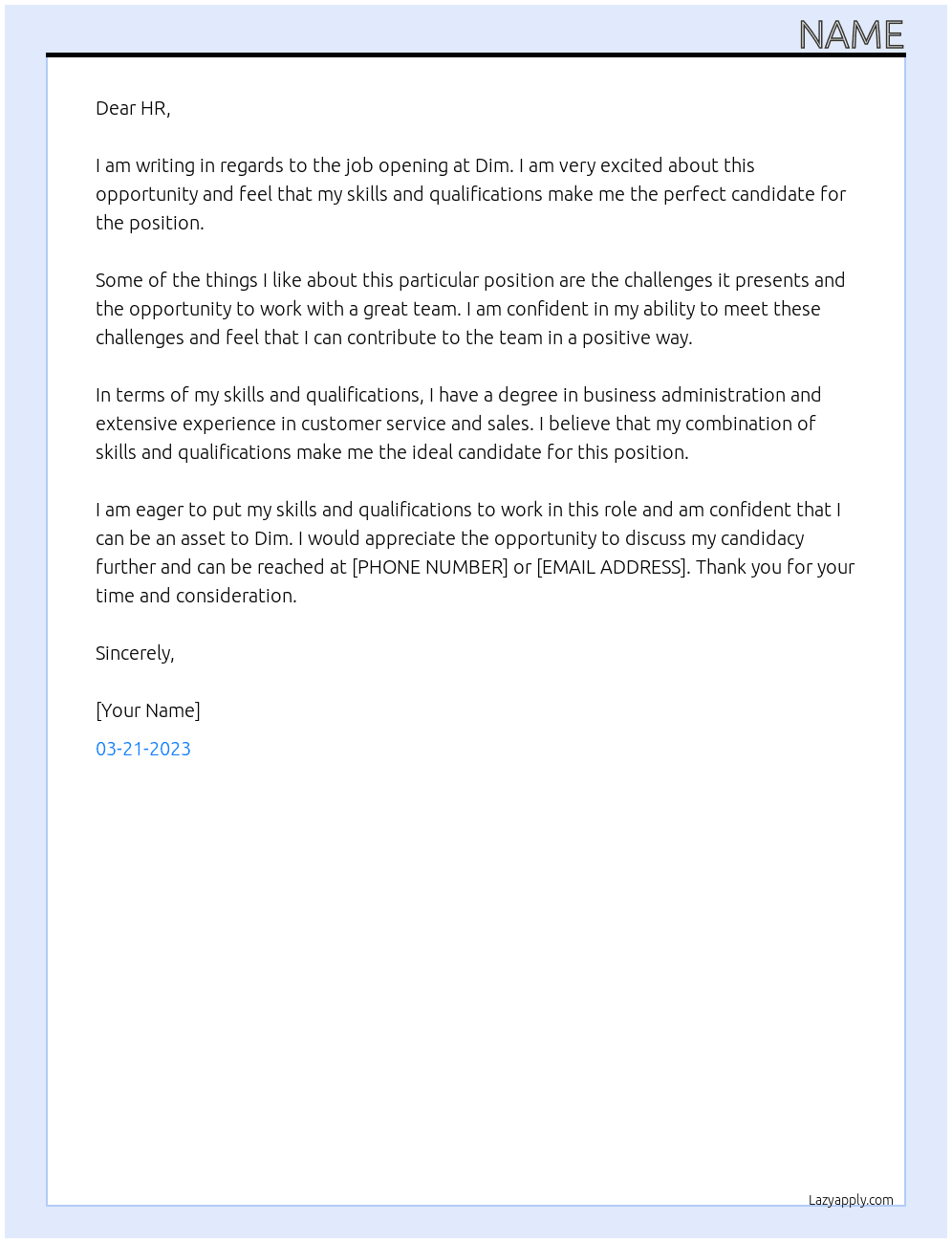 Job At Dim Cover Letter