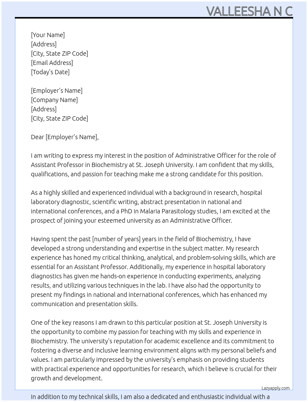 ASSIST PROFESSOR BIOCHEMISTRY At St.Joseph University Cover Letter