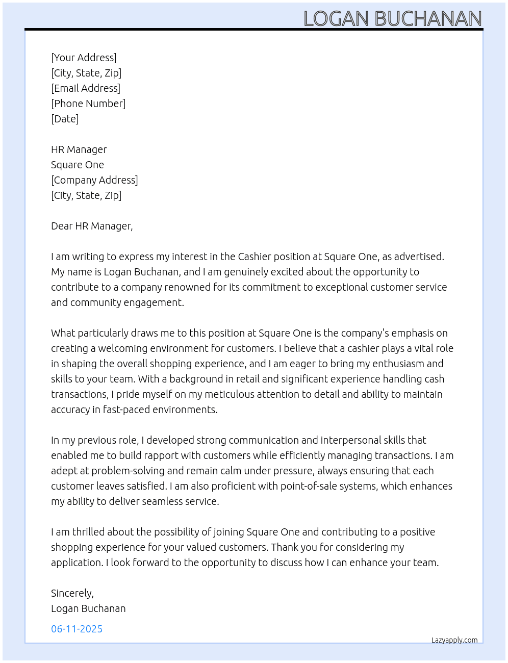 Cashier At square one Cover Letter