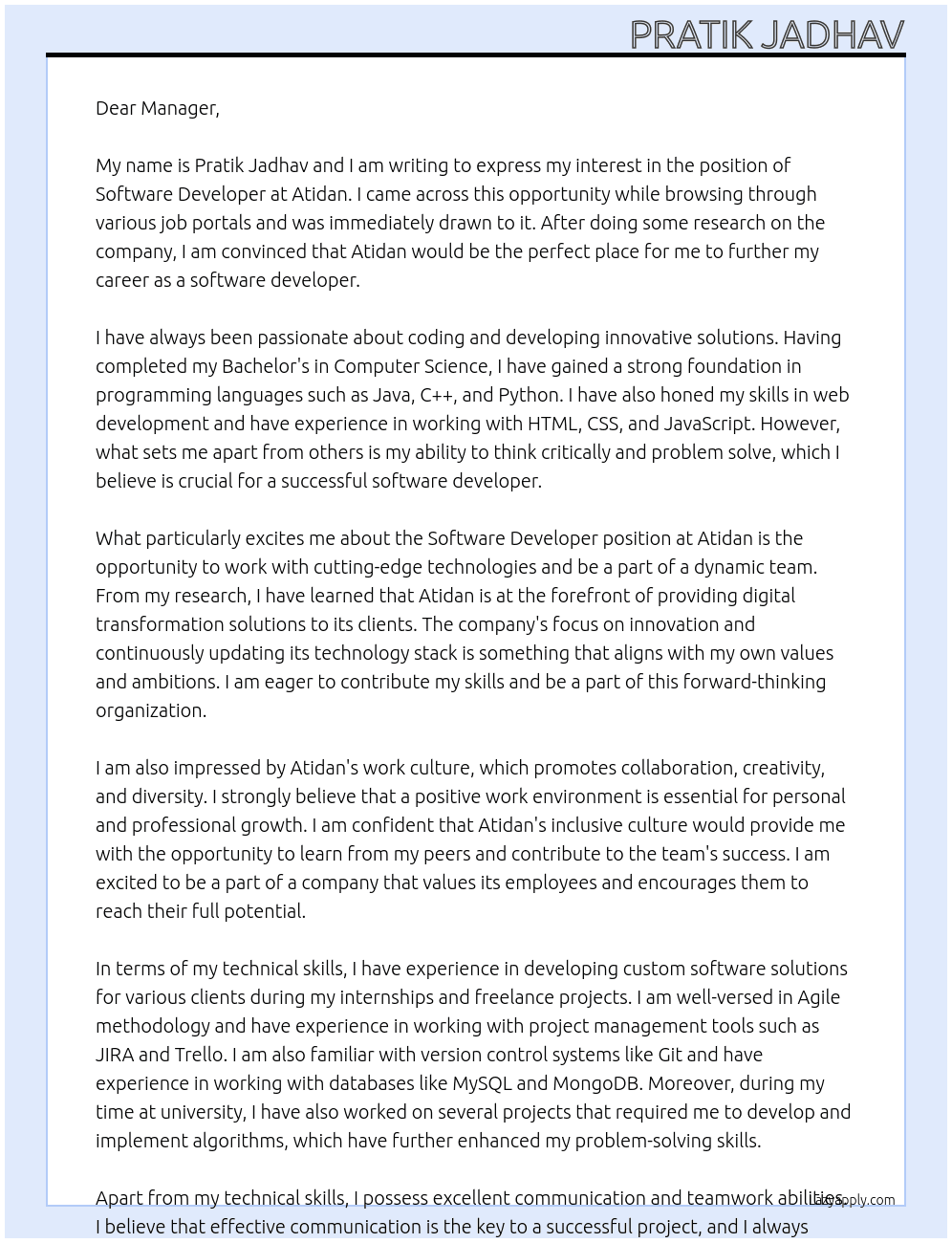 software developer At Atidan Cover Letter