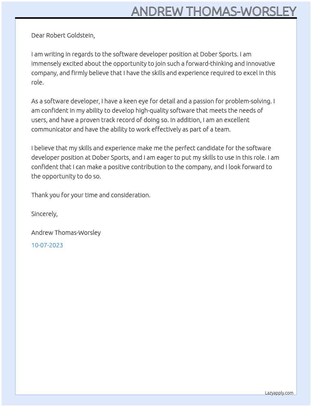 software developer At Dober Sports Cover Letter