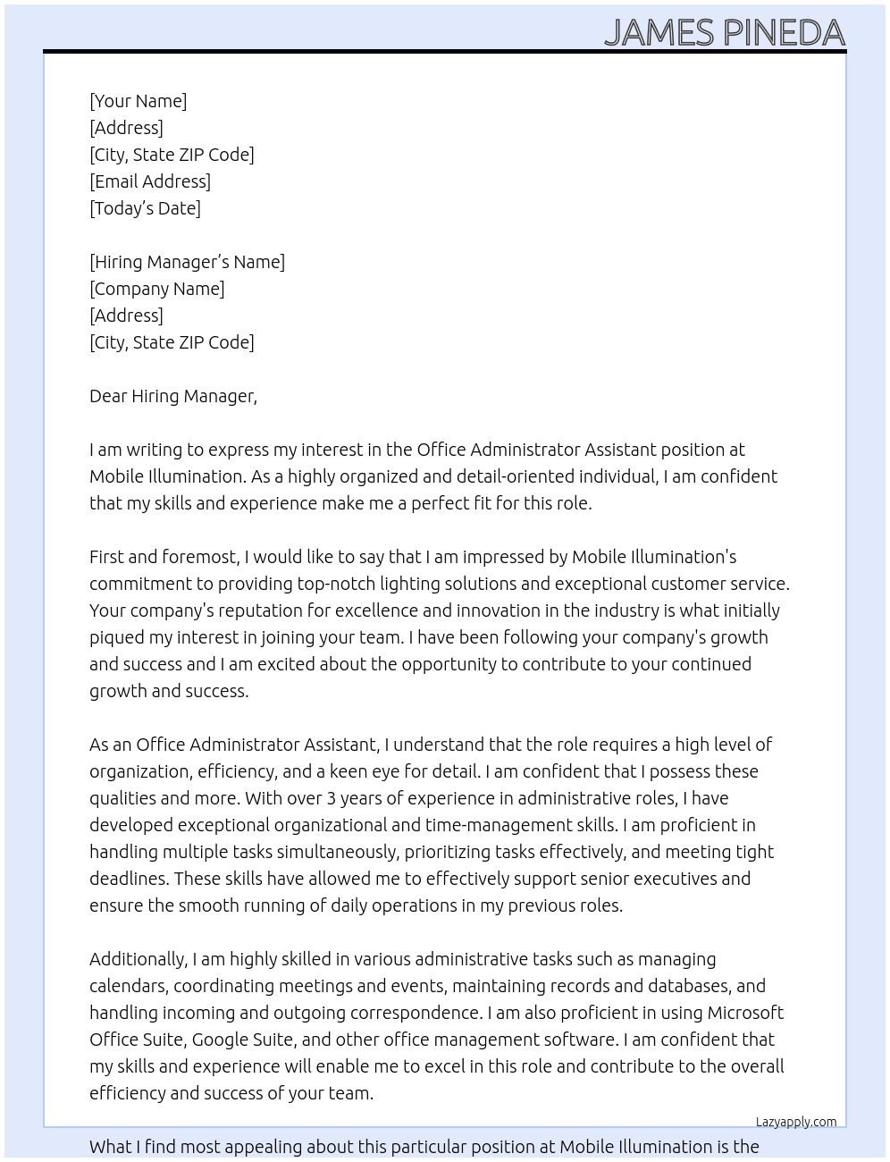 Office administrator assistant At Mobile Illumination  Cover Letter