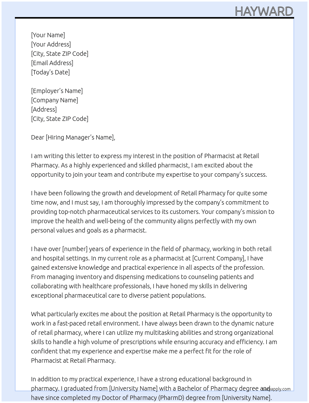 pharmacist At Retail pharmacy Cover Letter