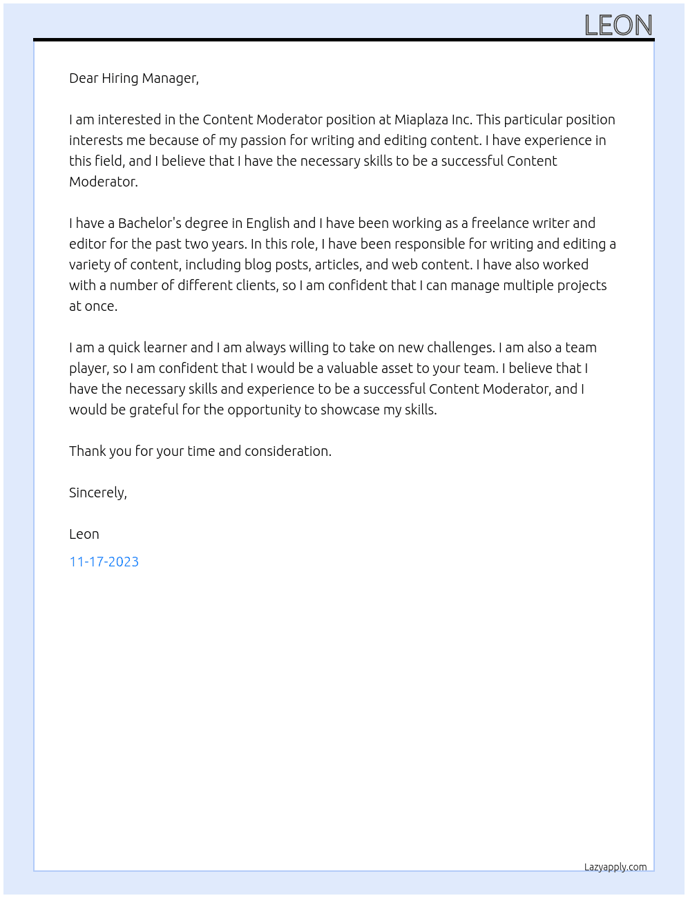 content moderator  At Miaplaza Inc. Cover Letter
