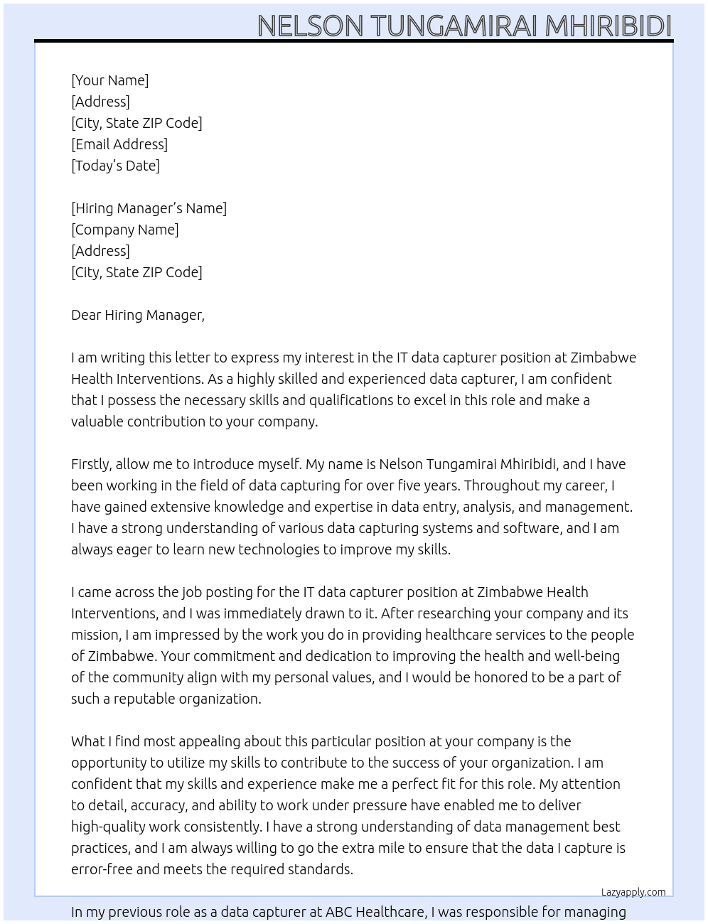 IT data capturer At Zimbabwe Health interventions Cover Letter
