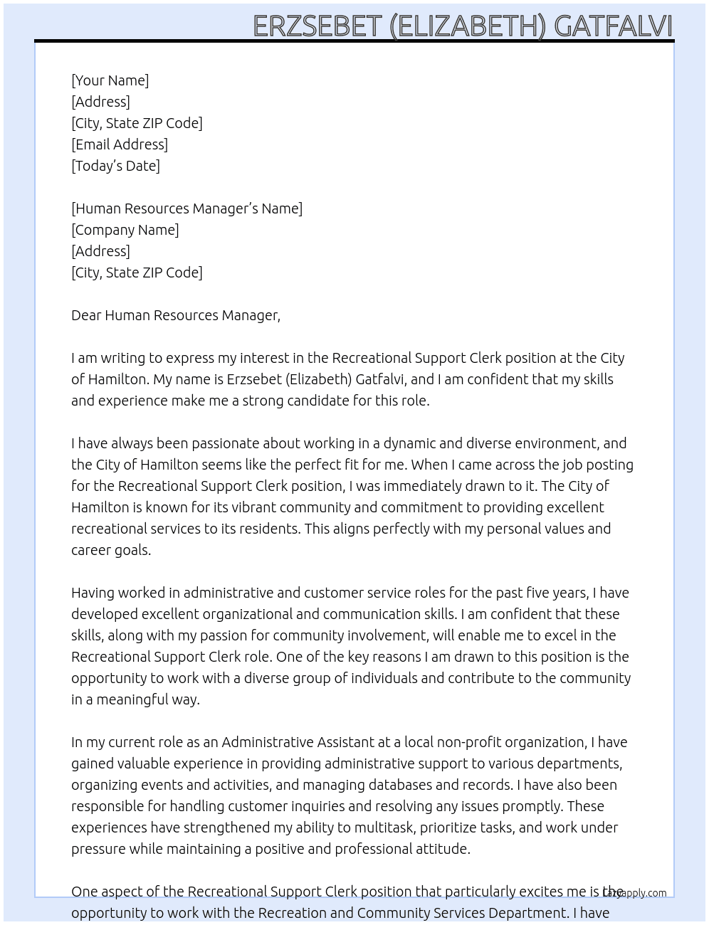 Recreational Support clerk At City of Hamilton Cover Letter