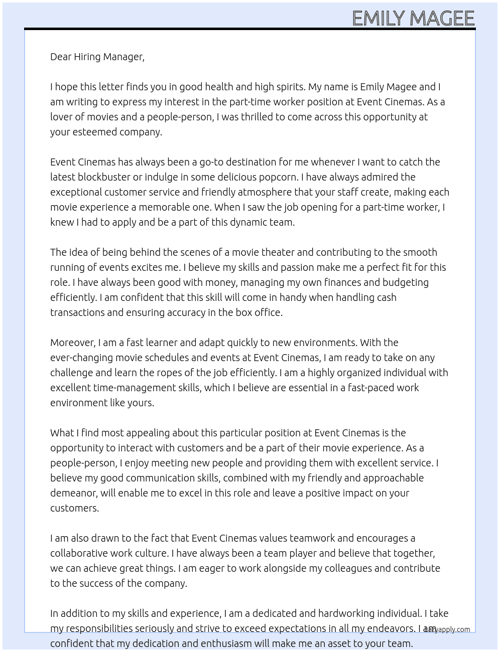 part time worker At Event cinemas Cover Letter