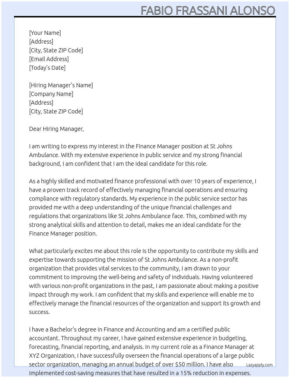 Finance Manager At St Johns Ambulance Cover Letter