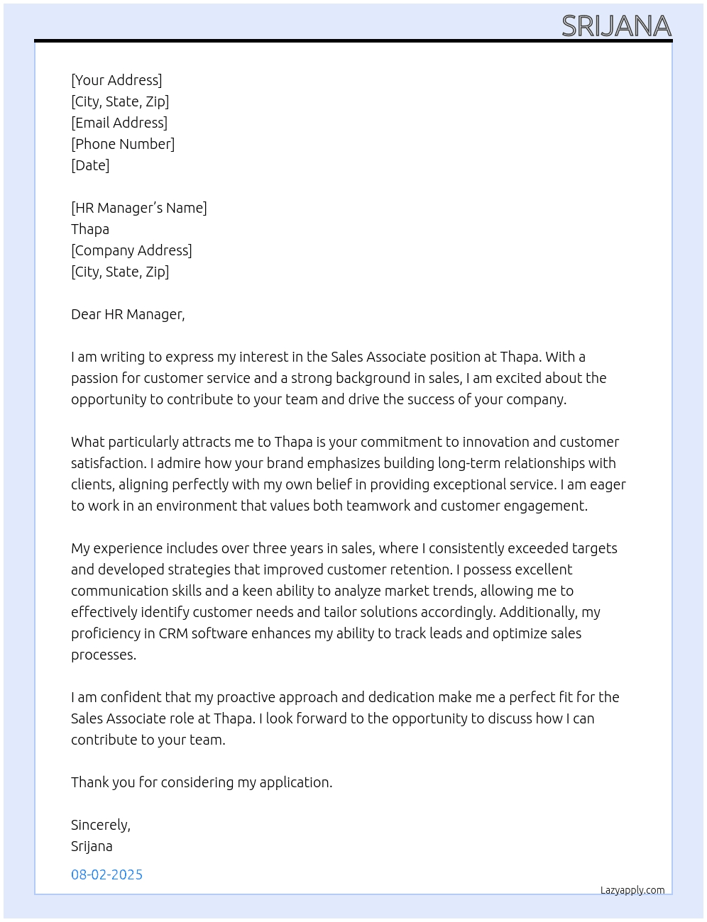 Sal3s associate  At Thapa Cover Letter