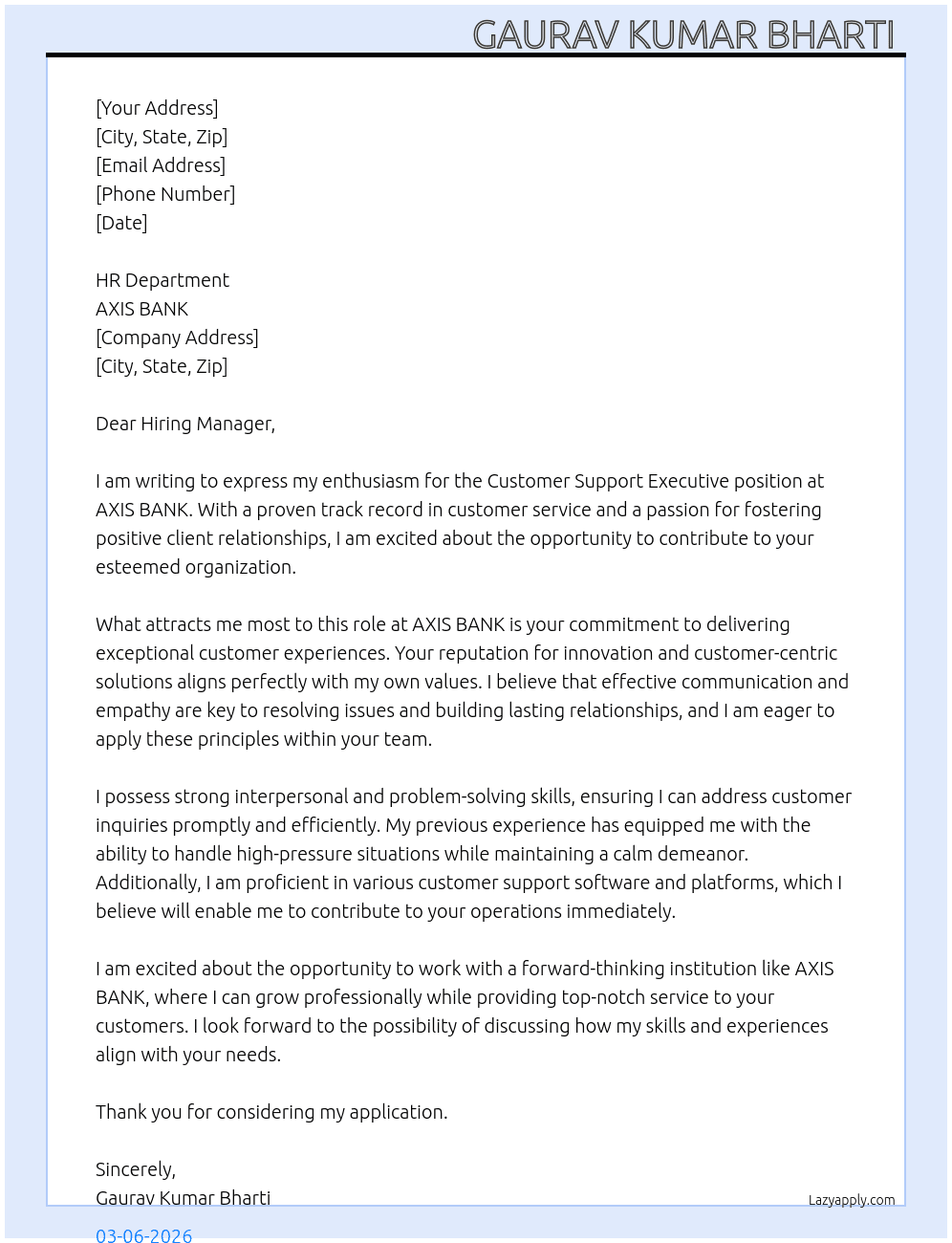 Cover letter for customer support executive. - LazyApply