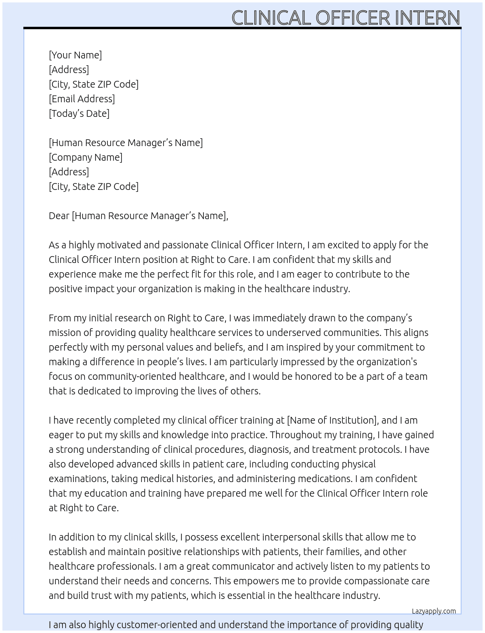 Clinical officer intern At Right to care Cover Letter