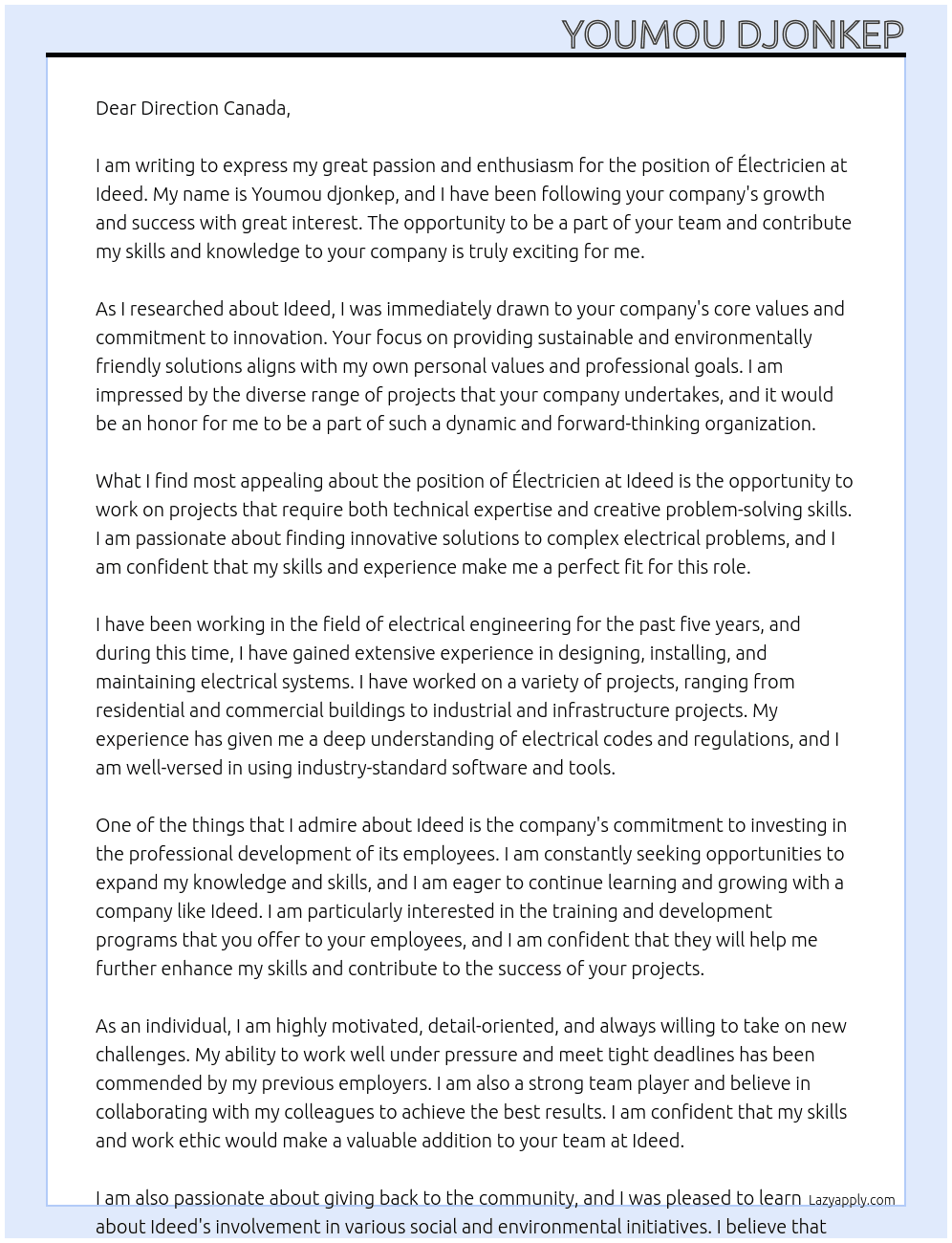 Électricien  At Ideed Cover Letter