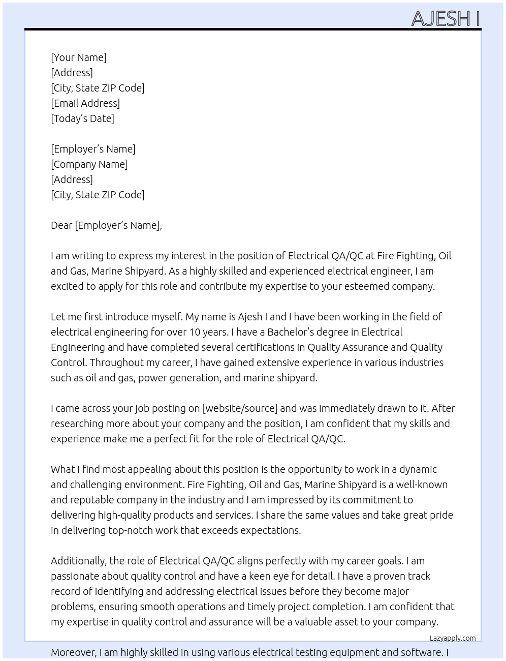Electrical QA/QC  At Fire Fighting, Oil and Gas, Marine Shipyard  Cover Letter