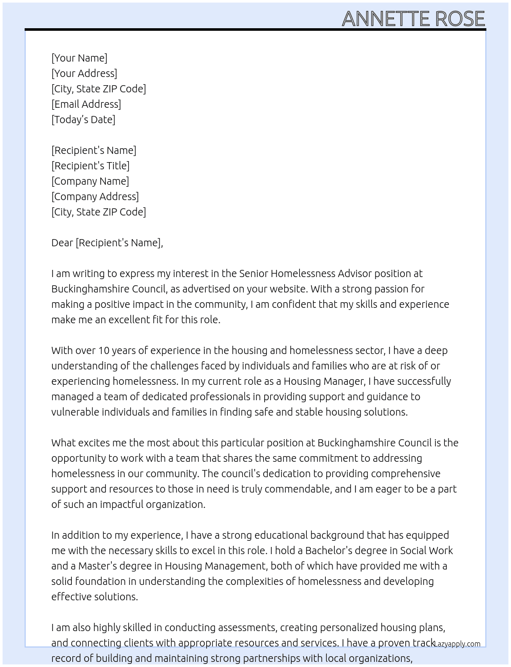 Senior homelessness advisor  At Buckinghamshire council  Cover Letter