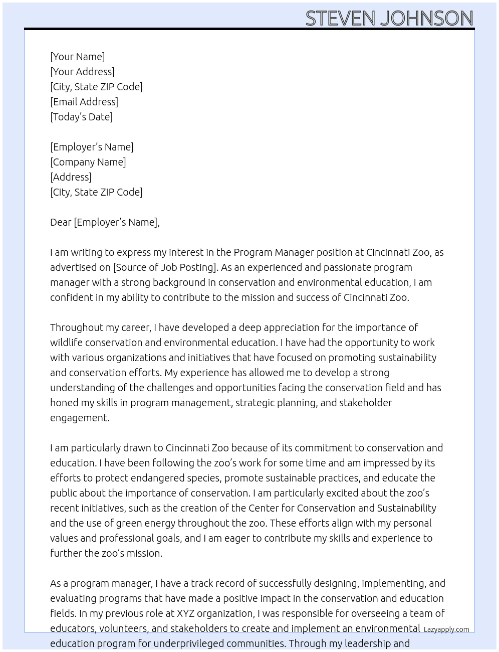 Program Manager At Cincinnati Zoo Cover Letter