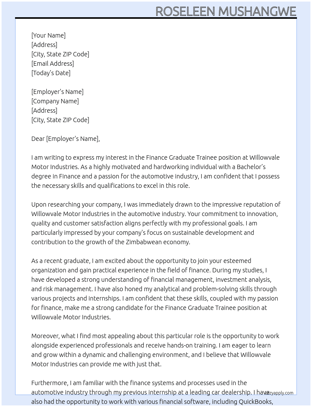 Finance graduate trainee At Willowvale Motor Industries Cover Letter