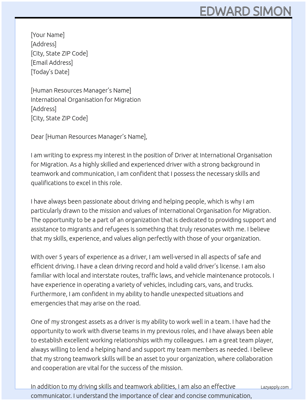 Driver At International Organisation for migration Cover Letter