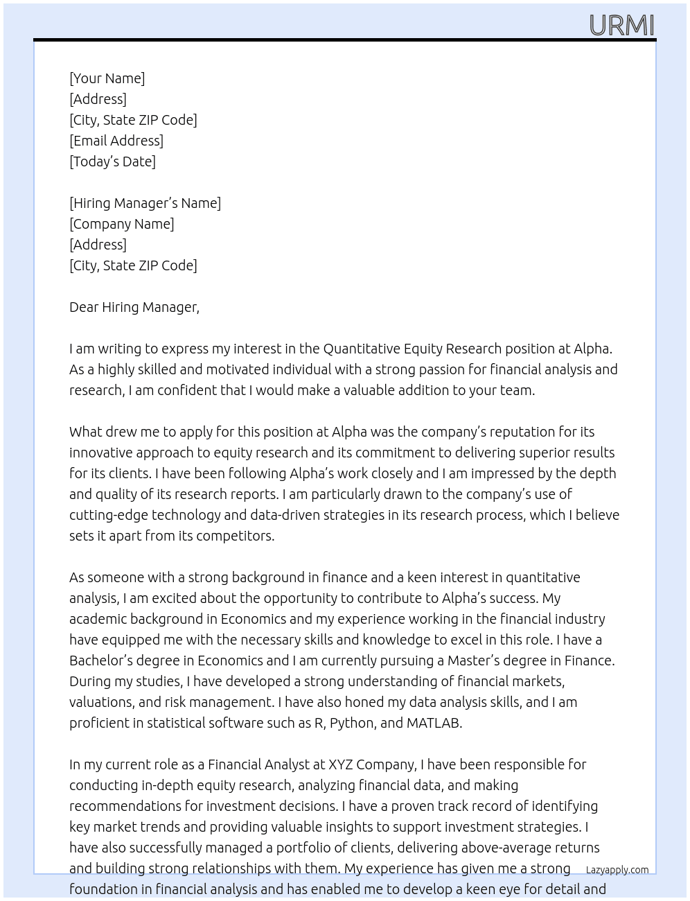 Quantitative Equity Research At Alpha Cover Letter