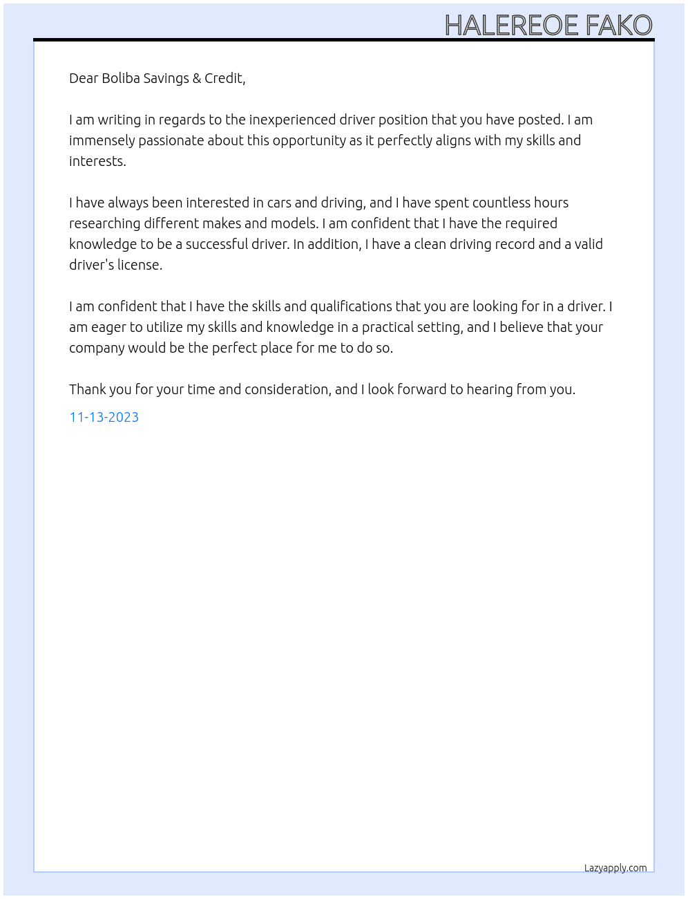 inexperienced driver At Boliba Savings & Credit Cover Letter