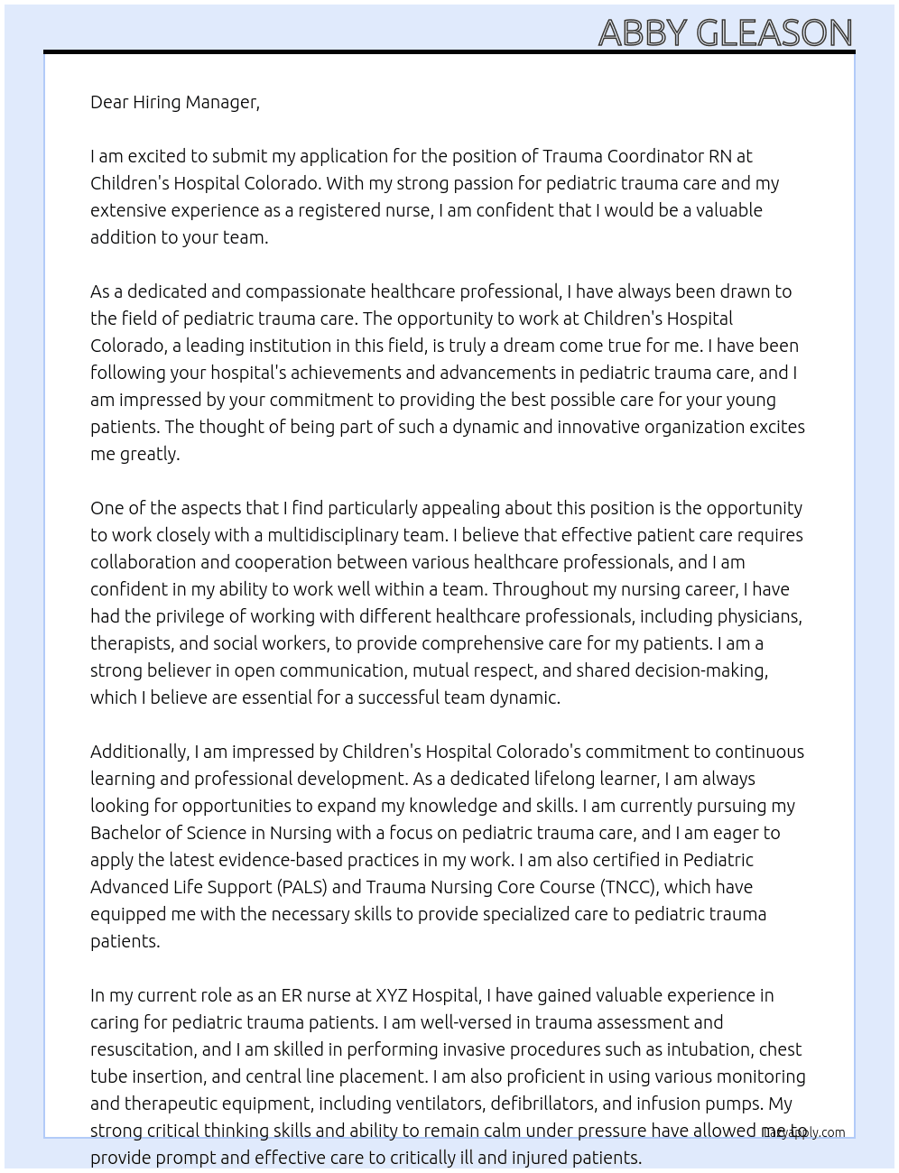 Trauma Coordinator RN At Children's Hospital Colorado Cover Letter