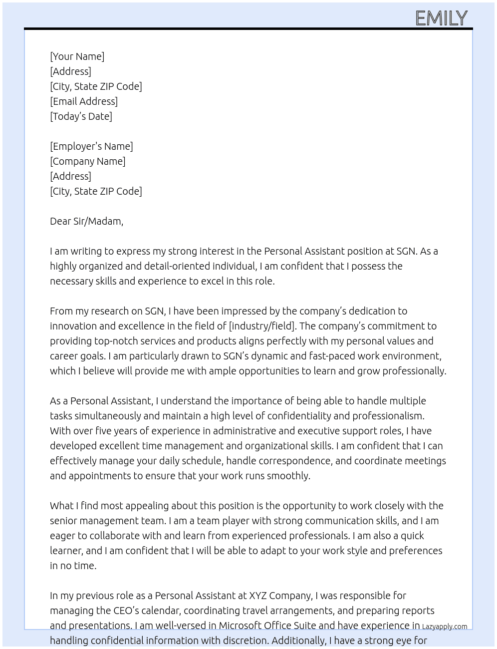 Personal Assistant  At SGN Cover Letter