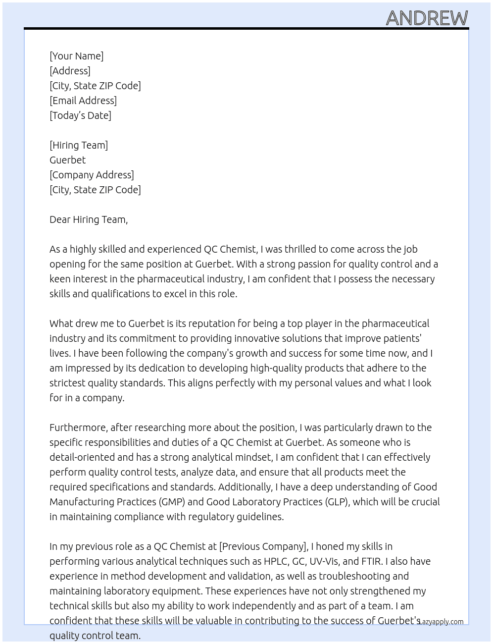 QC chemist At Guerbet Cover Letter