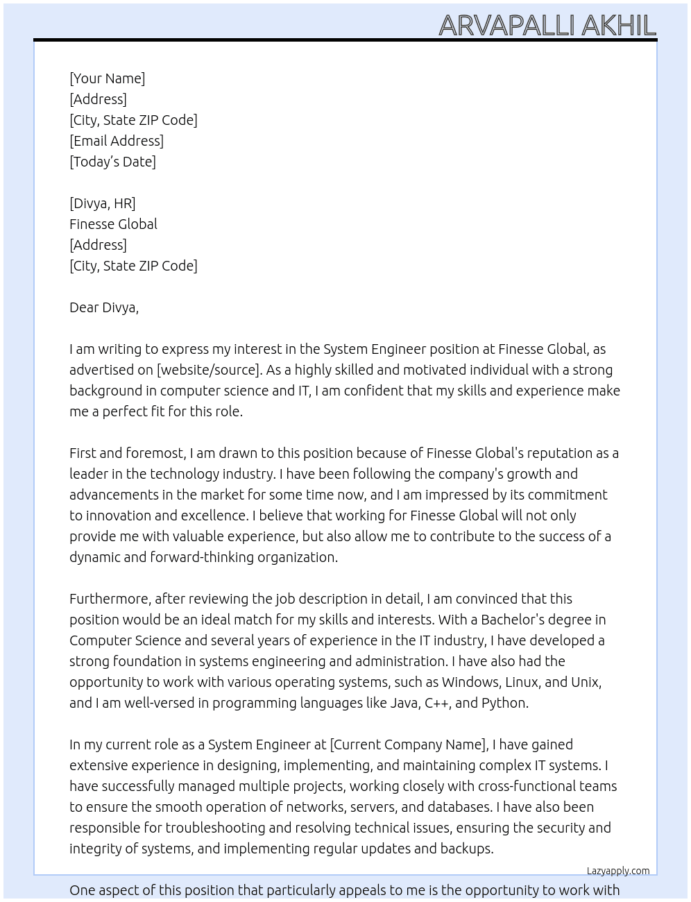 System Engineer At Finesse Global Cover Letter
